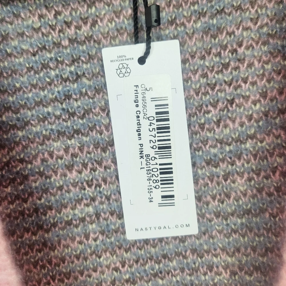 Nasty Gal Floral Fringe Knit Cardigan Pink Oversized Drop Sleeve  NWT PTP 24" - Picture 9 of 12